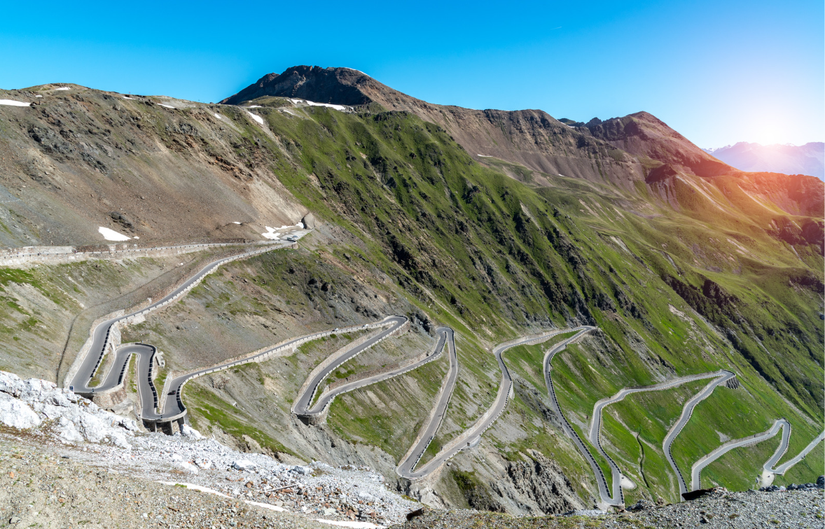 A scenic photo of the Passo Stelvio road