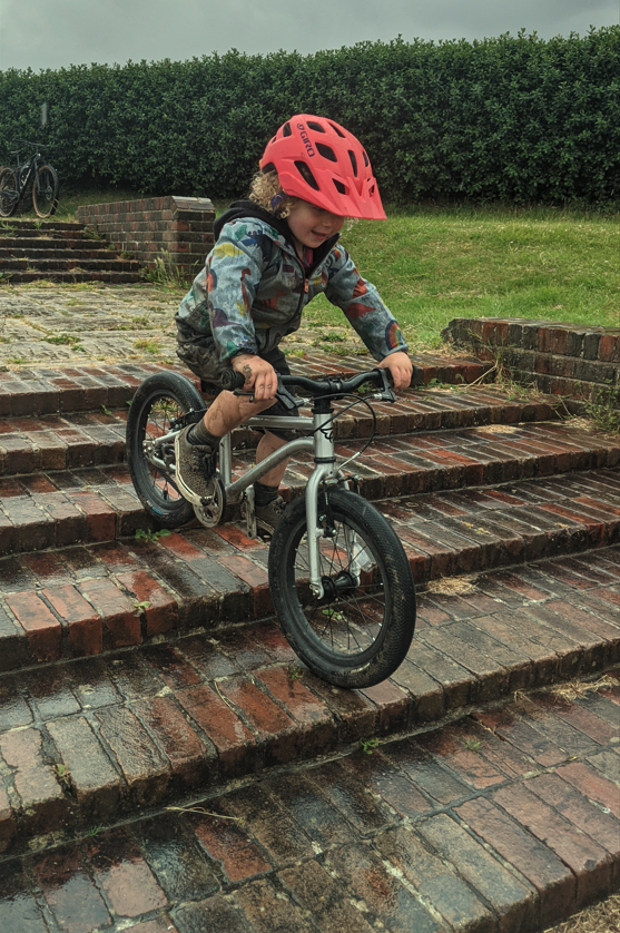 young boy riding down a stair set on his bicycle