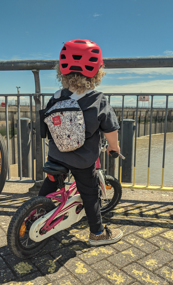 A young boy on his bicycle looking out to sea