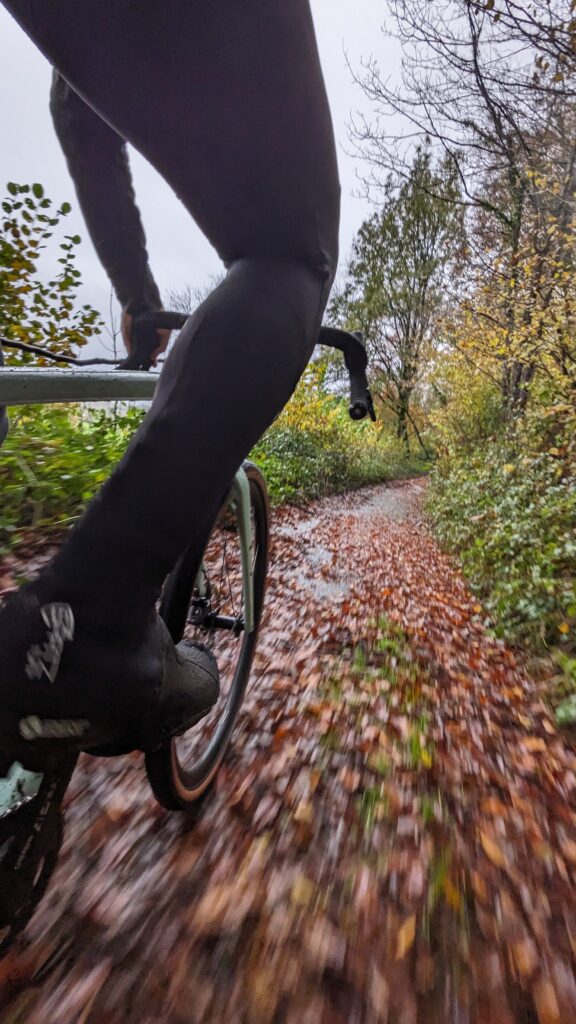 Cycling through a road covered in leaves 